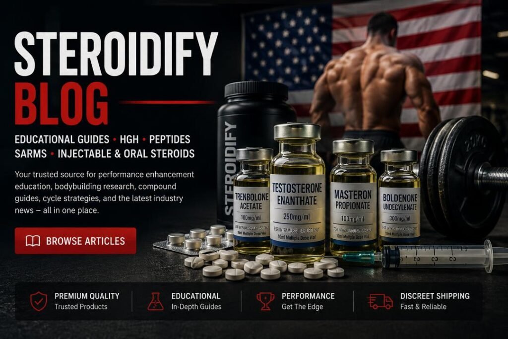 Steroidify Blog hero banner featuring bodybuilding supplements, injectable compounds, and educational fitness resources
